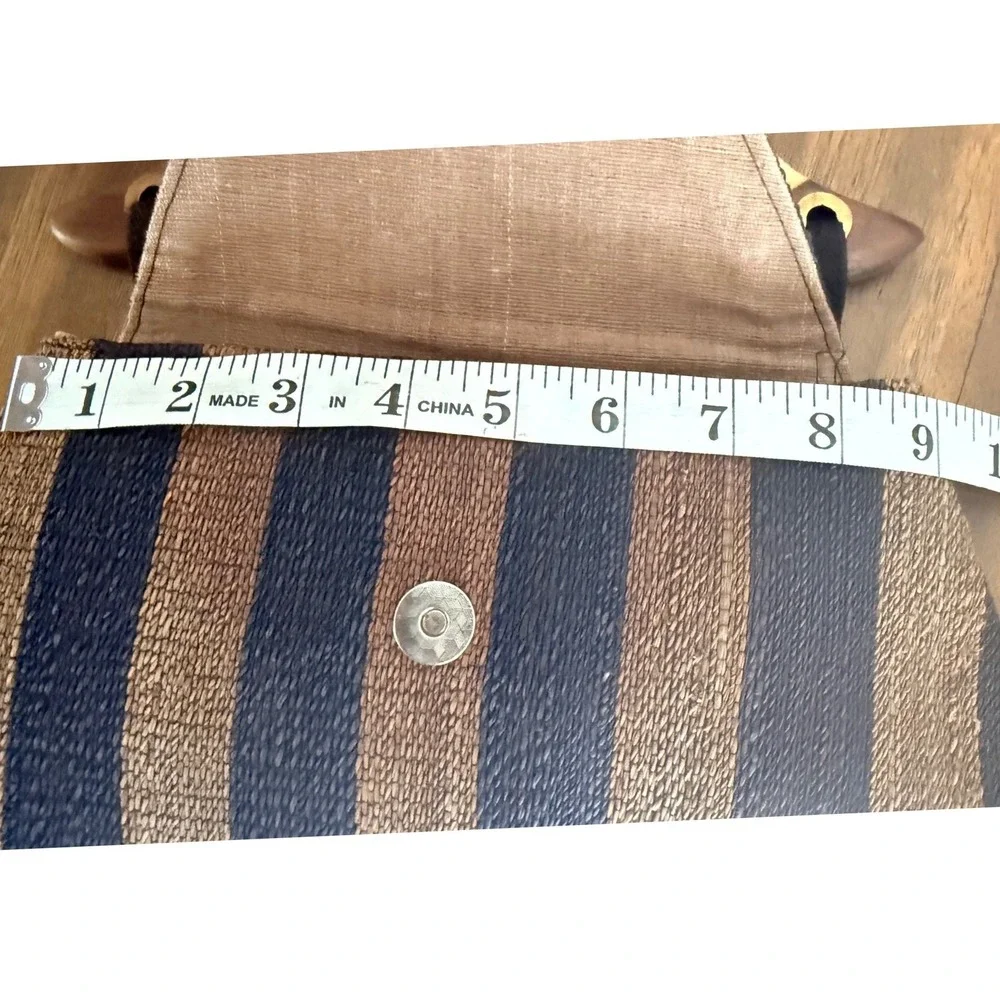 Woven Straw Striped Handbag Black Brown Wood Top Handle Bag purse vintage style